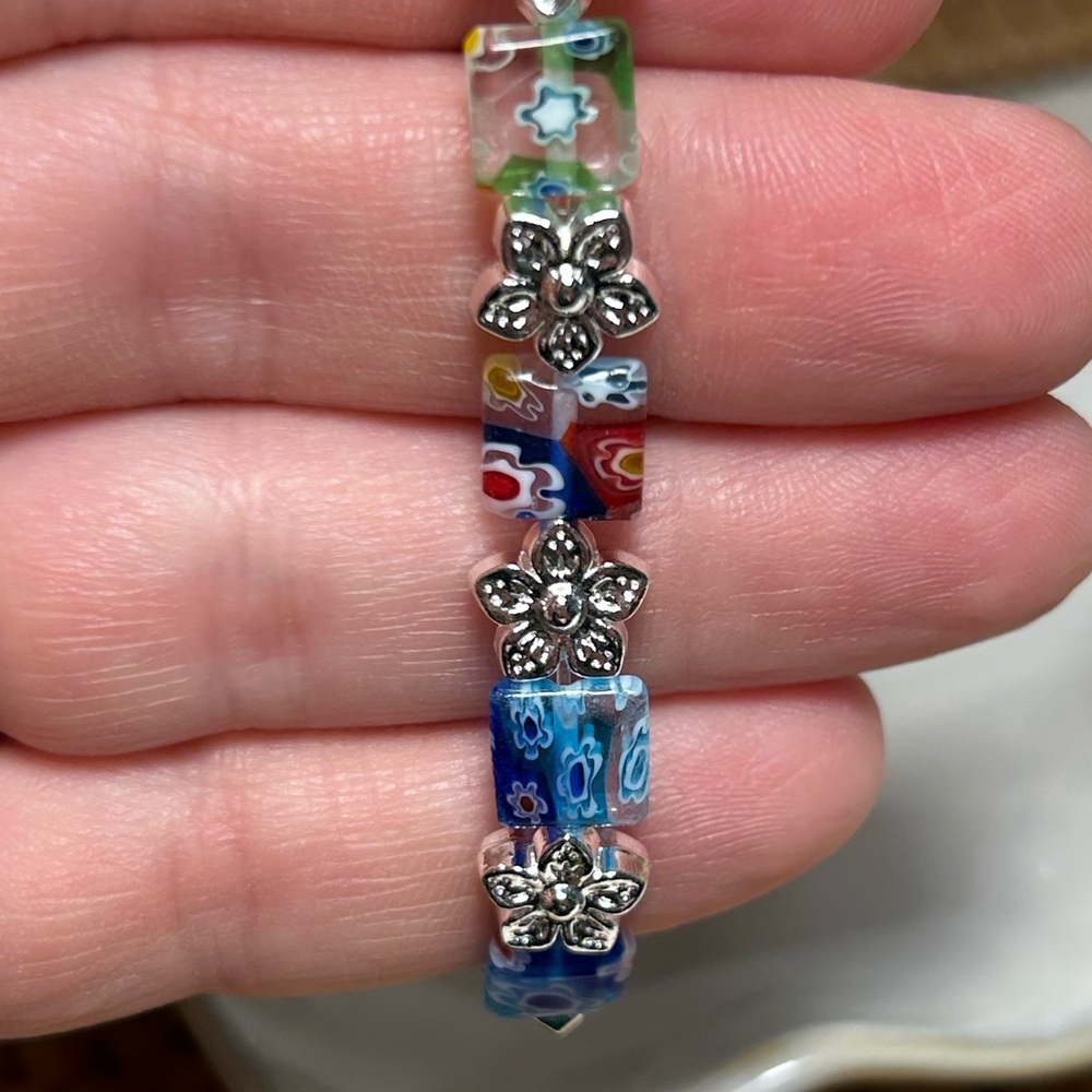 Millefiori Beaded Bracelet with 925 Silver Plated Flower Accents